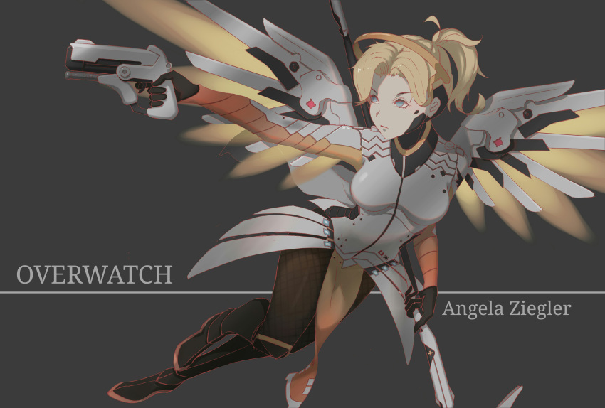 1girl absurdres aiming blonde_hair blue_eyes bodysuit breasts brown_legwear character_name copyright_name dual_wielding faulds finger_on_trigger full_body glowing glowing_wings greaves grey_background gun hair_tie handgun high_ponytail highres holding holding_gun holding_staff holding_weapon looking_to_the_side mechanical_halo mechanical_wings medium_breasts mercy_(overwatch) outstretched_arm overwatch pantyhose pelvic_curtain pistol simple_background solo spread_wings staff weapon wings yellow_wings zuosi_zhichu