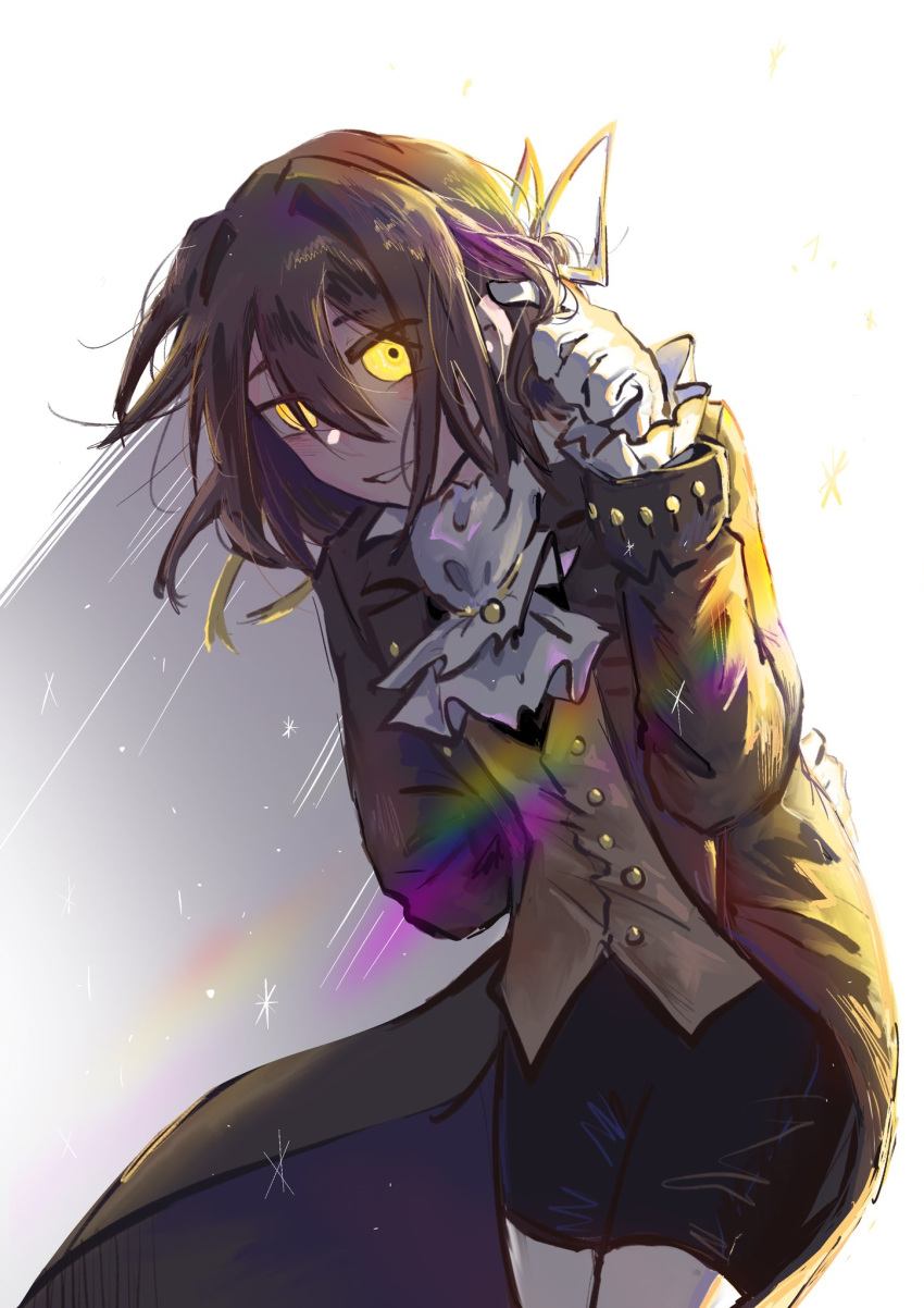 1boy alternate_form antonio_salieri_(fate) antonio_salieri_(human)_(fate) arm_behind_back ascot black_shorts brown_coat brown_hair brown_vest coat collared_shirt fate/grand_order fate_(series) frilled_sleeves frills fufufuowo gloves glowing glowing_eyes grin hair_between_eyes hair_intakes hair_ribbon hair_twirling half_updo hand_up highres leaning long_sleeves looking_at_viewer male_focus open_clothes open_coat playing_with_own_hair ribbon shirt short_hair shorts simple_background smile socks solo sparkle thigh-highs vest white_ascot white_background white_gloves white_shirt white_socks yellow_eyes yellow_ribbon