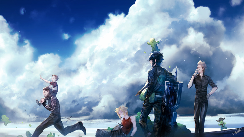 5boys alternate_costume armband blue_sky clouds cloudy_sky danhu day final_fantasy final_fantasy_xv gladiolus_amicitia glasses hat highres ignis_scientia jacket machinery multiple_boys noctis_lucis_caelum prompto_argentum running sabotender sitting_on_shoulder sky sombrero spiky_hair talcott_hester weapon
