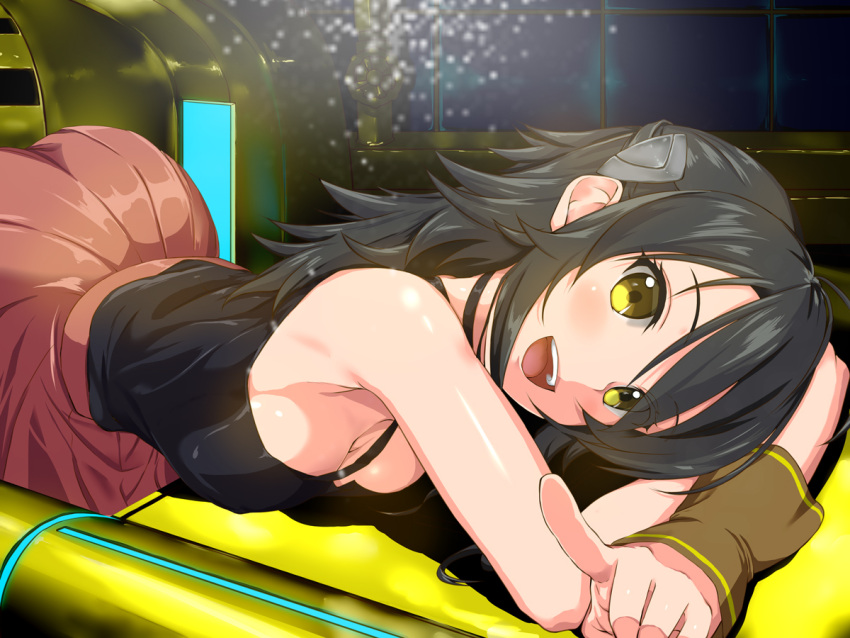 1girl :d adeltrud_walter bare_shoulders bent_over black_hair breasts cleavage headgear index_finger_raised kakari knight's_&amp;_magic large_breasts long_hair looking_at_viewer lying on_stomach open_mouth pleated_skirt pointing pointing_at_viewer skirt smile solo tank_top yellow_eyes