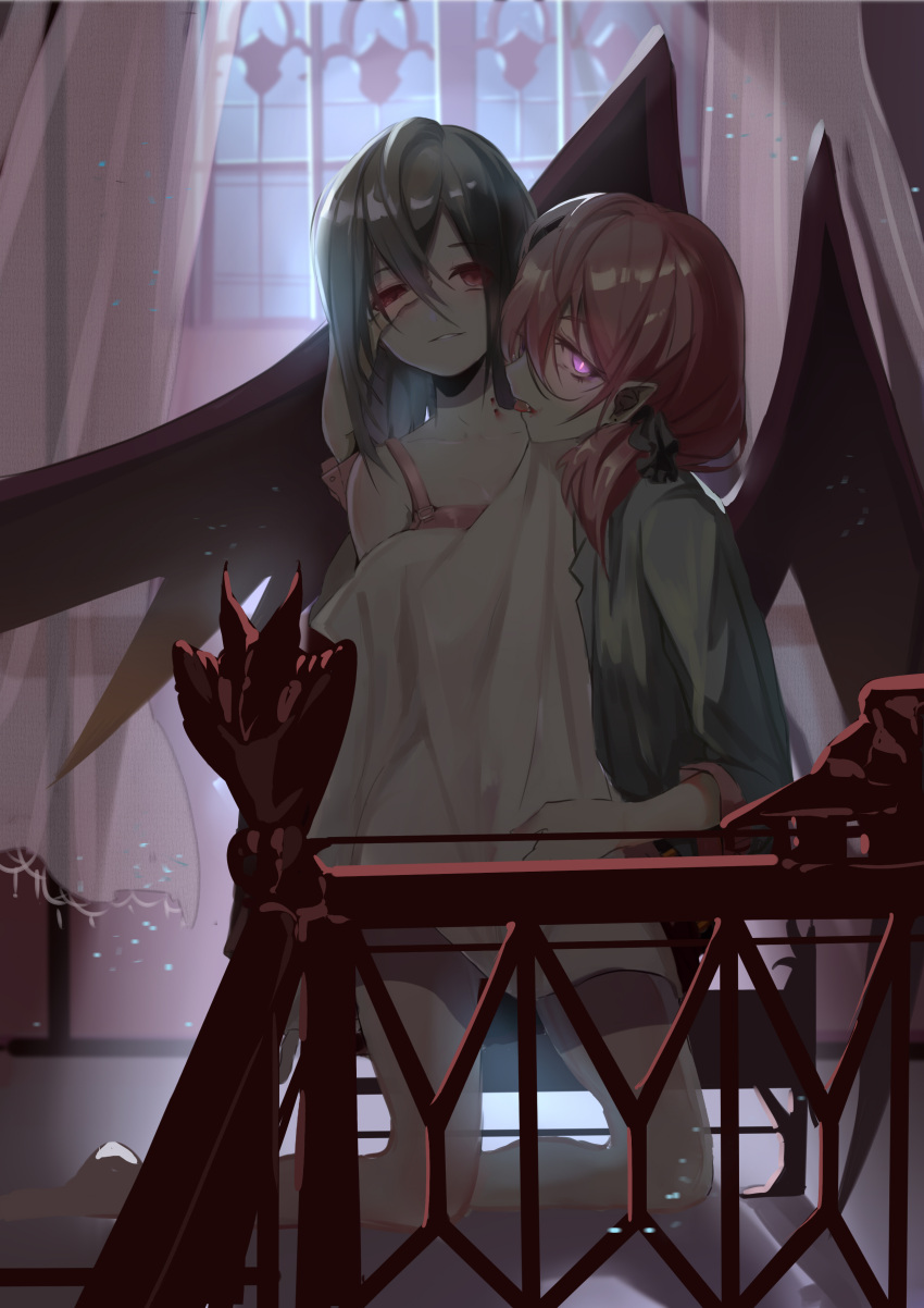 2girls absurdres barefoot bed_sheet black_hair black_wings bra collarbone demon_wings fang hair_between_eyes hair_ornament highres indoors kneeling licking long_hair love_live! love_live!_school_idol_project multiple_girls neck_licking night nishikino_maki parted_lips pink_bra pink_hair smile tongue tongue_out underwear vampire violet_eyes window wings yazawa_nico yuri