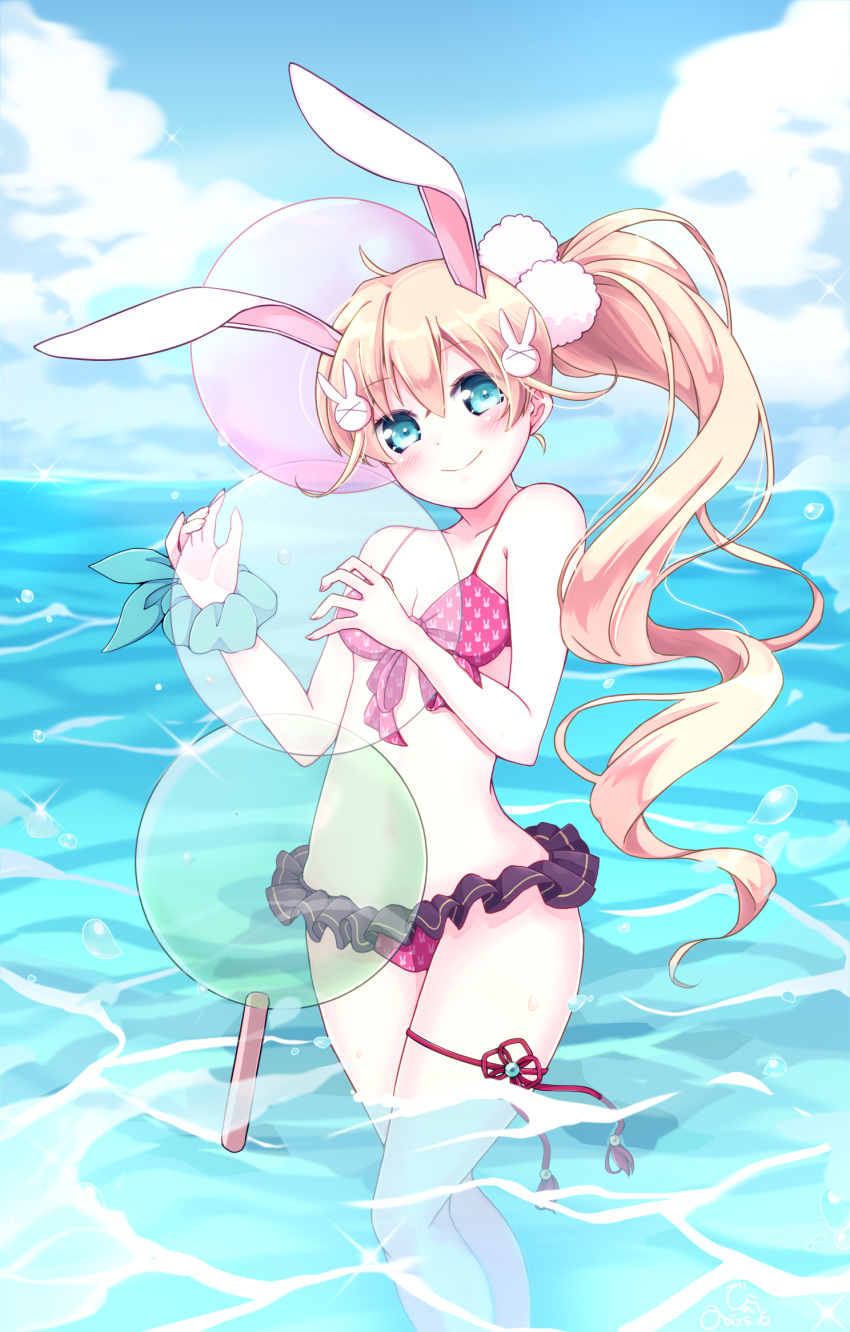 1girl animal_ears animal_print bikini blonde_hair blue_eyes blush bunny_hair_ornament bunny_print day frilled_bikini frills front-tie_bikini front-tie_top hair_ornament highres long_hair looking_at_viewer misoradeko ocean outdoors rabbit_ears shironeko_project side_ponytail sky smile solo swimsuit very_long_hair wading water