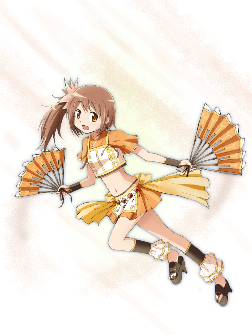 1girl :d brown_hair crop_top fan from_side full_body gem highres japanese_clothes kinfuji long_hair looking_at_viewer magia_record:_mahou_shoujo_madoka_magica_gaiden magical_girl mahou_shoujo_madoka_magica midriff miniskirt navel open_mouth orange_eyes platform_footwear running side_ponytail skirt smile solo yui_tsuruno