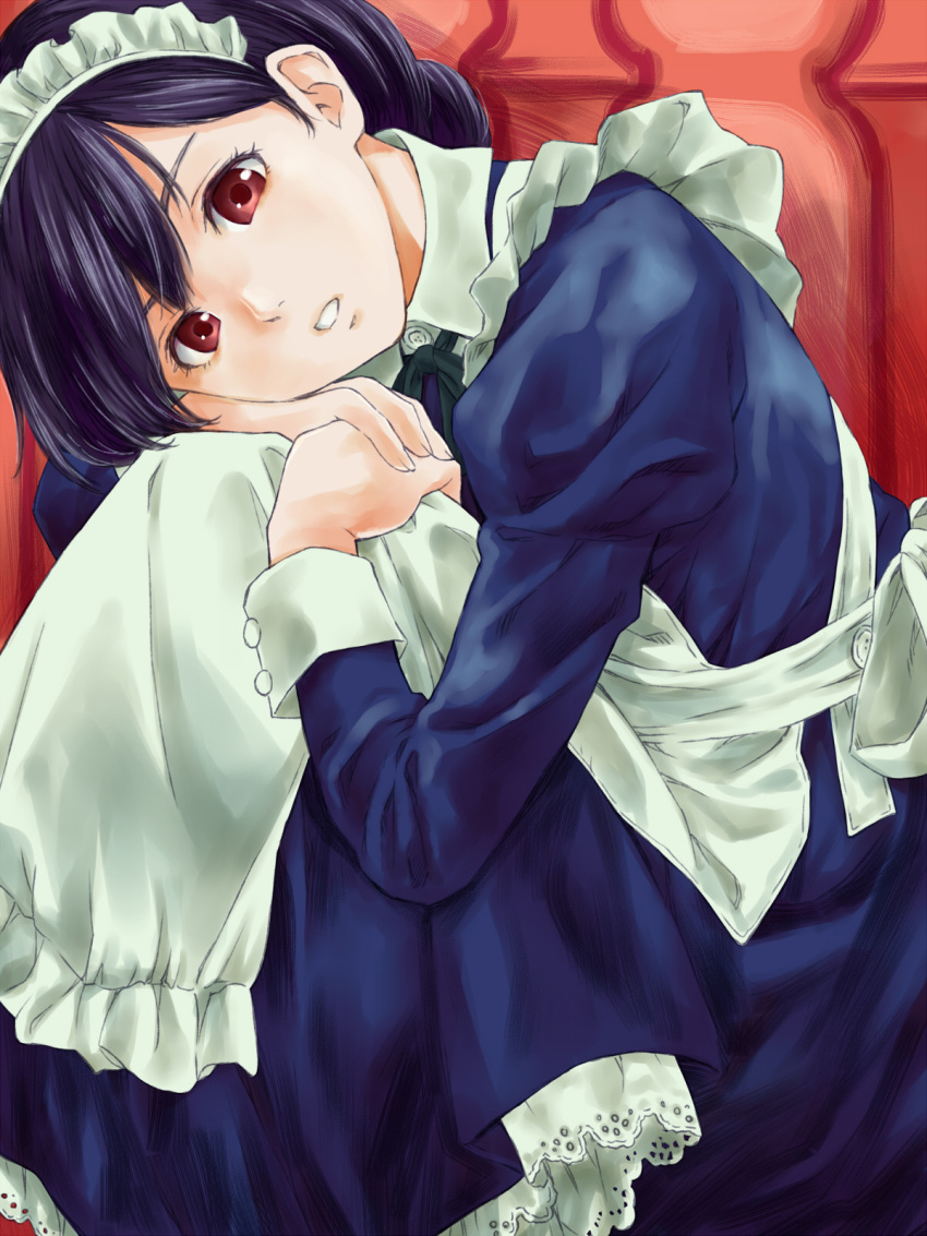 1girl apron blue_hair expressionless eyebrows eyelashes hair_bun hands_on_own_knees hands_together head_on_knees head_rest highres knees_to_chest looking_at_viewer maid maid_apron maid_headdress original parted_lips petticoat pizza_man red_background red_eyes sitting solo