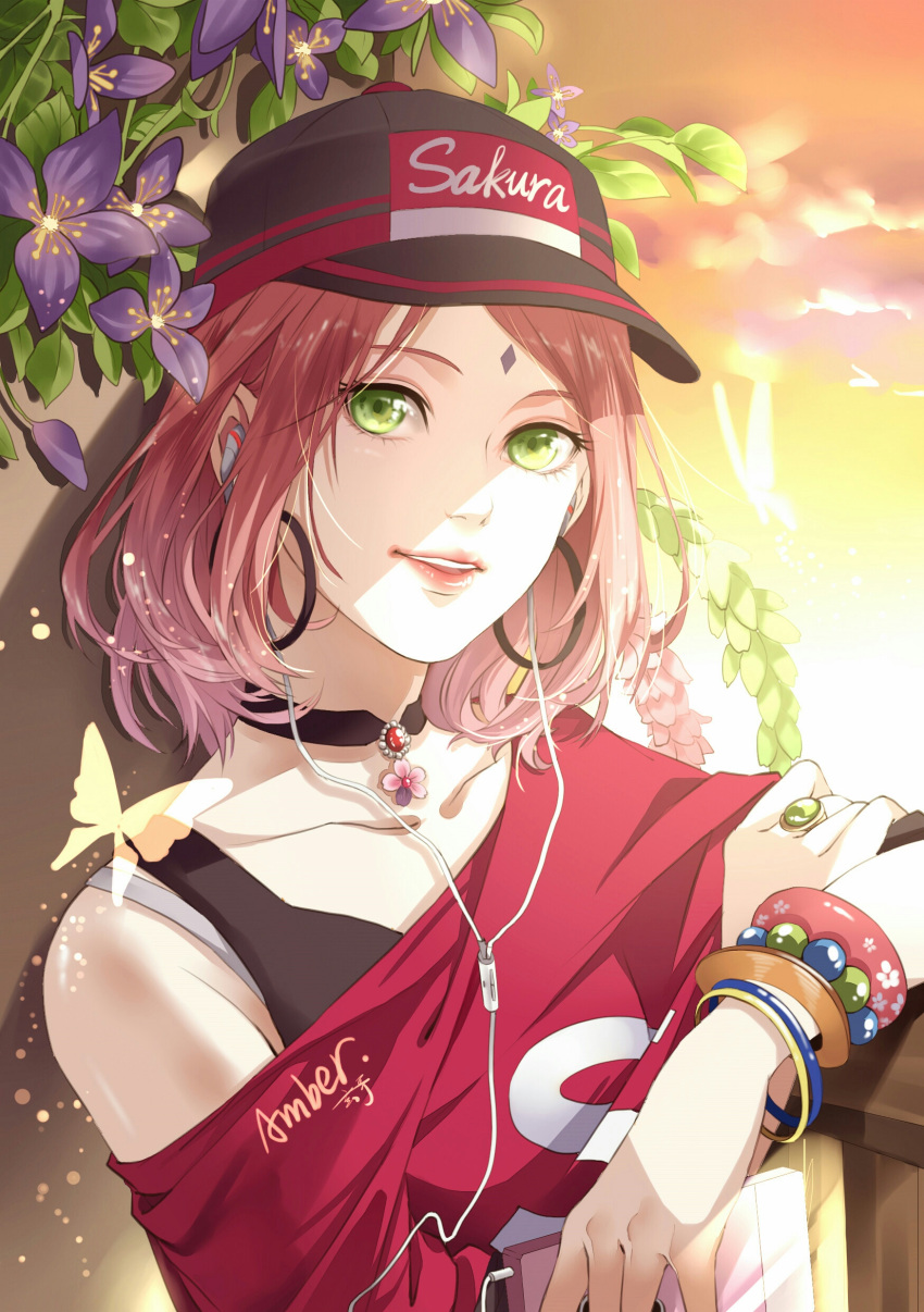 1girl absurdres black_hat bra bracelet cellphone character_name collarbone earphones earrings green_eyes grey_bra haruno_sakura hat highres holding holding_phone jewelry looking_at_viewer naruto necklace off_shoulder outdoors parted_lips phone pink_hair purple_flower red_shirt ring shi_er_xian shirt short_hair smartphone smile solo underwear upper_body visor_cap