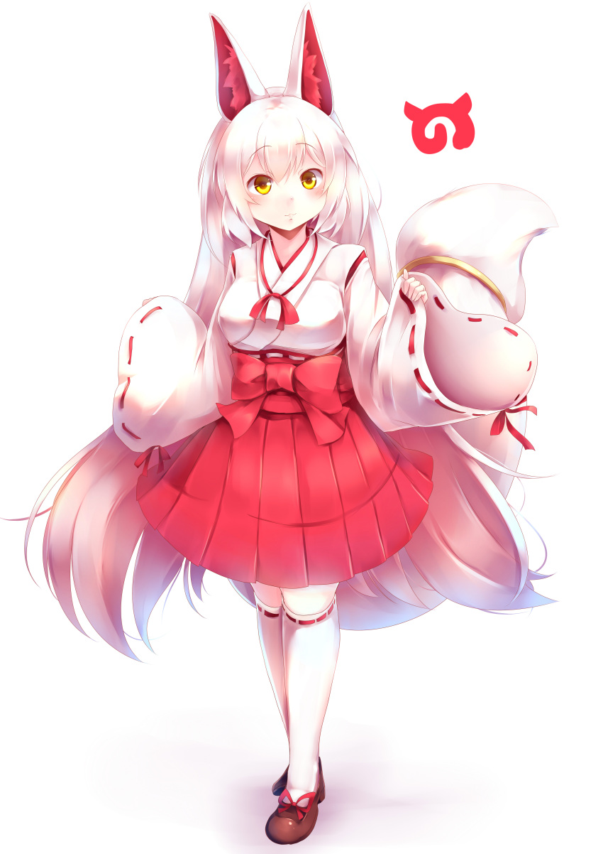 1girl absurdly_long_hair absurdres animal_ears breasts full_body highres japari_symbol kanzakietc kemono_friends kneehighs large_breasts long_hair oinari-sama_(kemono_friends) red_skirt skirt solo tail very_long_hair white_hair white_legwear yellow_eyes