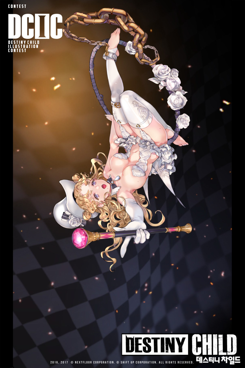 1girl bird blonde_hair blush breasts cane chains cleavage copyright_name destiny_child elbow_gloves gloves highres large_breasts long_hair looking_at_viewer mole mole_under_mouth navel open_mouth smile solo thigh-highs tom_sun upside-down violet_eyes white_gloves white_legwear