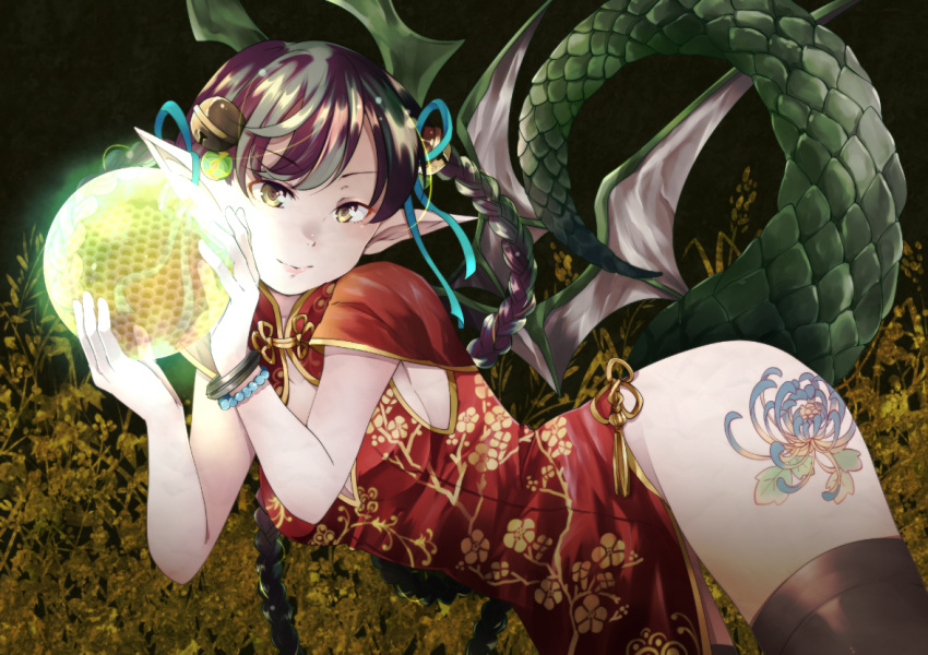 1girl ass bent_over bracelet china_dress chinese_clothes dragon_girl dragon_tail dragon_wings dress globe jewelry looking_at_viewer nanana_(nanana_iz) original pointy_ears sidebob smile solo tail tattoo thigh-highs wings yellow_eyes