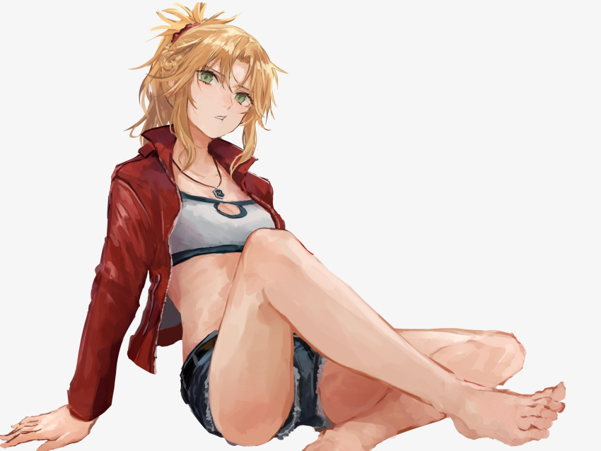 1girl bandeau bare_legs barefoot belt blonde_hair denim fate/apocrypha fate/grand_order fate_(series) green_eyes highres jacket jewelry kouzuki_kei long_hair looking_at_viewer midriff necklace red_jacket saber_of_red short_shorts shorts simple_background solo