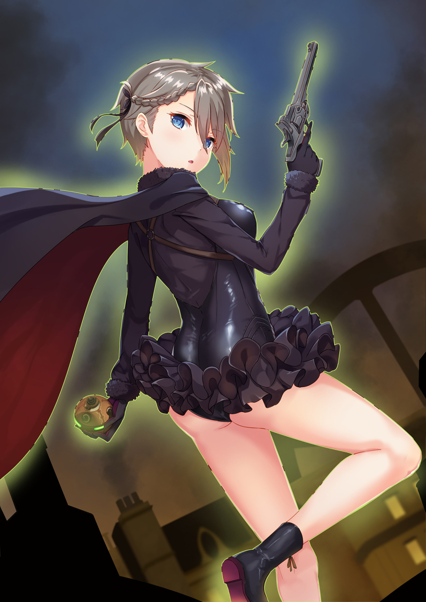 1girl ange_(princess_principal) ass black_boots black_cape black_gloves blue_eyes boots braid breasts brown_hair cape cavorite_ball clouds dance_of_eternity dutch_angle eyebrows_visible_through_hair from_side fur_collar gloves gun hair_between_eyes handgun highres holding holding_gun holding_weapon house medium_breasts night outdoors parted_lips princess_principal revolver sky smoke solo trigger_discipline weapon