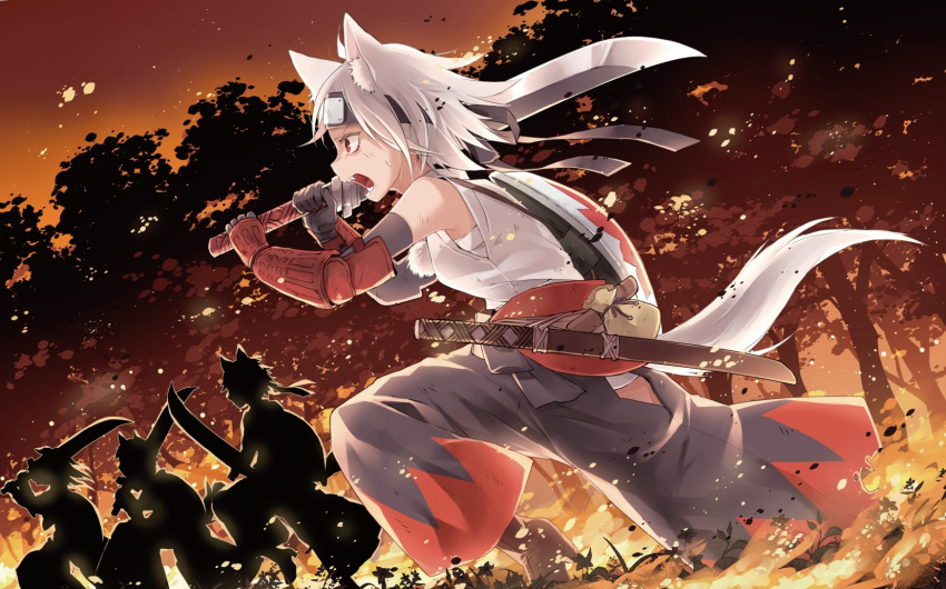 1girl animal_ears baggy_pants commentary_request fire forest headband highres hip_vent holding holding_sword holding_weapon inubashiri_momiji nature open_mouth outdoors pants pouch red_eyes running sarashi sash silhouette solo_focus sweat sword tail touhou toutenkou tree vambraces weapon white_hair wolf_ears wolf_tail