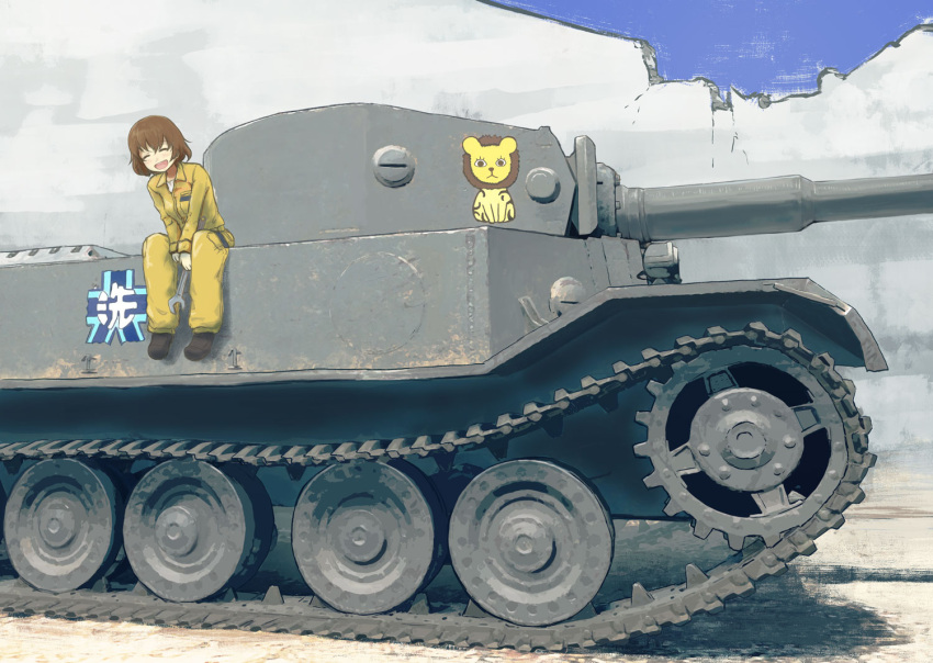 1girl black_shoes brown_hair commentary day emblem freckles girls_und_panzer ground_vehicle holding jumpsuit leopon_(animal) long_sleeves mechanic military military_vehicle motor_vehicle nito_(nshtntr) ooarai_(emblem) open_mouth orange_jumpsuit outdoors shirt shoes short_hair sitting smile solo tank tank_focus tiger_(p) tsuchiya_(girls_und_panzer) v_arms white_shirt wrench