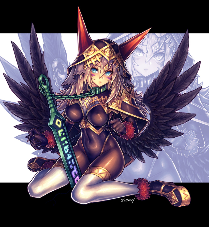 1girl bangs black_capelet black_feathers black_gloves black_shoes black_wings blue_eyes bodysuit breasts brown_bodysuit brown_hair capelet chains closed_mouth collar commentary_request covered_navel demon_girl elbow_gloves eyebrows_visible_through_hair facial_mark feathered_wings fingernails full_body gloves hair_between_eyes highres horned_headwear large_breasts letterboxed long_hair looking_at_viewer low_wings original outside_border planted_sword planted_weapon restrained ros runes sharp_fingernails shiny shiny_clothes shoes signature sitting solo spiky_hair spread_wings sword thigh-highs veil wariza weapon white_background white_legwear wings zoom_layer