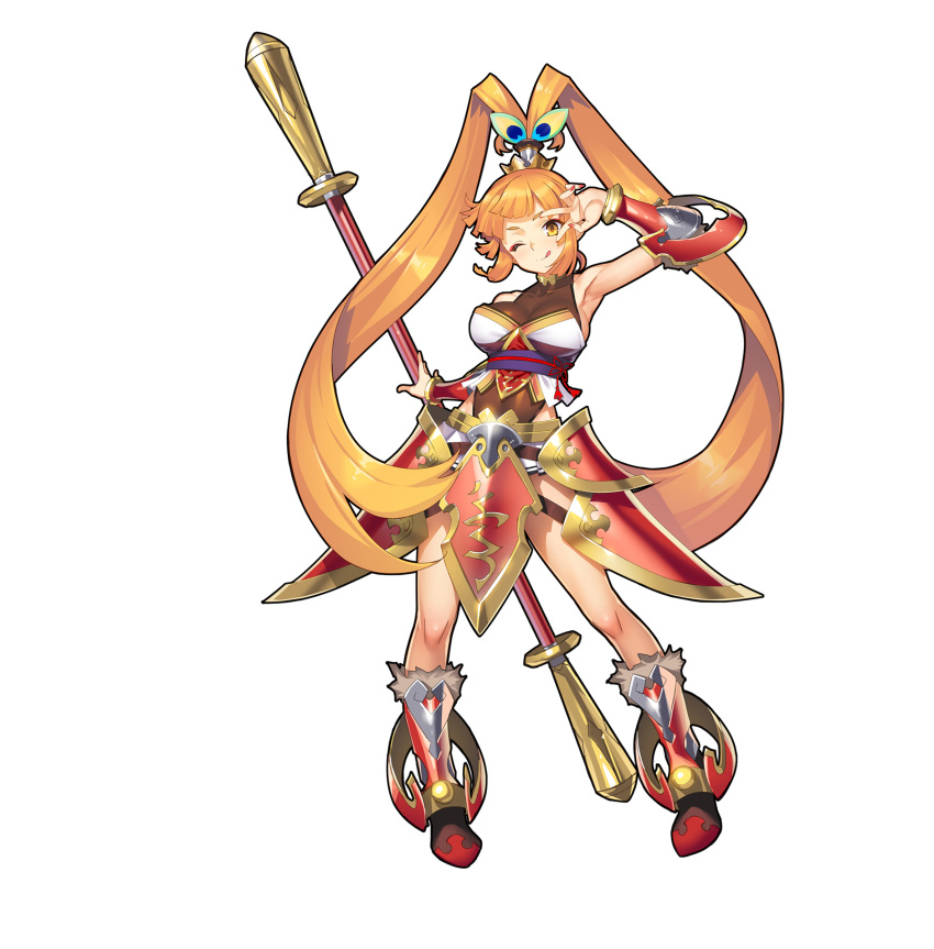 &gt;:q 1girl :q absurdres armor armpits bangs black_leotard blunt_bangs boots breasts character_request fur_trim hair_ornament high_ponytail highres holding holding_staff large_breasts leotard long_hair looking_at_viewer official_art one_eye_closed orange_hair ponytail red_boots sangai_senki see-through simple_background smile solo staff standing tongue tongue_out v_over_eye vambraces very_long_hair white_background yangsion yellow_eyes
