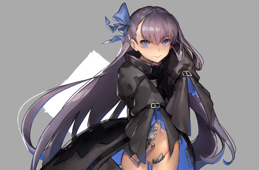 1girl blue_eyes cloak crotch_plate fate/extra fate/extra_ccc fate_(series) grey_background highres honey_bee_(bancoth) long_hair looking_at_viewer meltlilith navel purple_hair simple_background sleeves_past_wrists solo very_long_hair