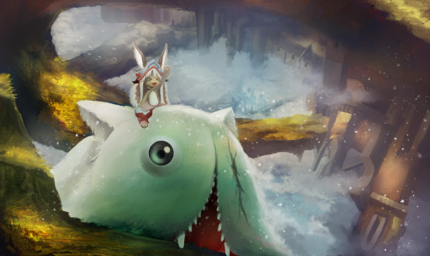 &gt;_&lt; 1girl :3 :d alternate_skin_color animal_ears arm_up bird clouds commentary furry giant green_eyes helmet highres made_in_abyss missing_eye mitty_(made_in_abyss) nanachi_(made_in_abyss) neur open_mouth pants riding sitting smile teeth topless white_hair