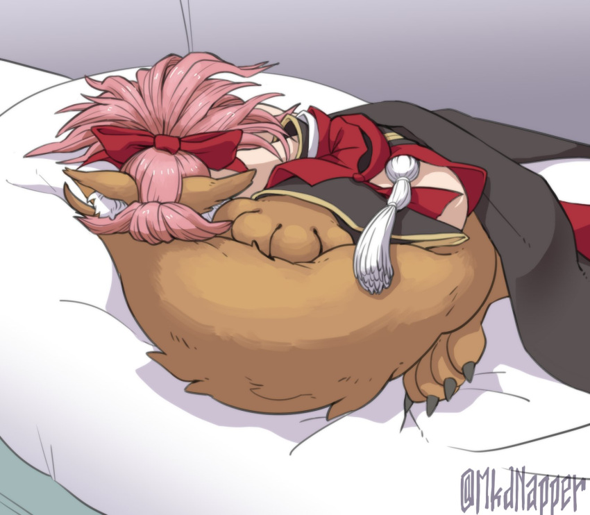 1girl bow fate/grand_order fate_(series) hair_bow highres long_hair lying mkd_napper on_stomach paws pillow pink_hair simple_background sleeping solo tail tail_hug tamamo_(fate)_(all) tamamo_cat_(fate) tassel twitter_username