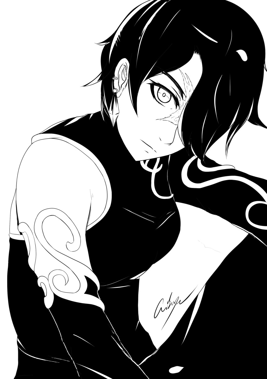 absurdres aikiyun artist_name cinder_fall earrings expressionless hair_over_one_eye highres jewelry monochrome multiple_piercings rwby scar scar_across_eye white_background