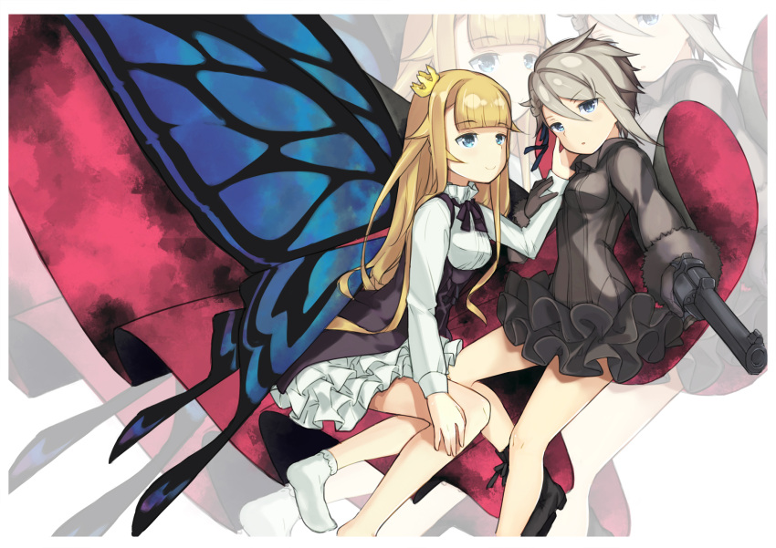 2girls ange_(princess_principal) blonde_hair butterfly_wings cape couple crown gloves grey_hair gun hand_on_another's_cheek hand_on_another's_face highres long_hair multiple_girls princess_(princess_principal) princess_principal short_hair weapon wings yuri