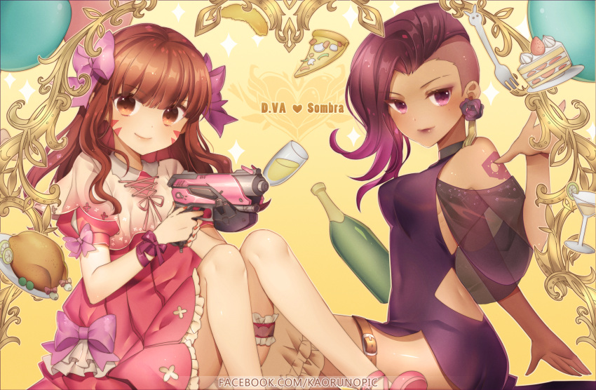 2girls alternate_costume asymmetrical_hair atobesakunolove balloon bangs bottle bow breasts brown_eyes brown_hair cake character_name cocktail_glass cup d.va_(overwatch) dark_skin dress drinking_glass earrings eyebrows_visible_through_hair eyeshadow facepaint facial_mark finger_on_trigger food fork frilled_dress frills gradient gradient_background gun hair_bow handgun highres holding holding_gun holding_weapon jewelry knees_together_feet_apart leg_belt leg_garter lime_slice lipstick long_hair looking_at_viewer makeup medium_breasts medium_hair mole mole_under_eye multicolored_hair multiple_girls overwatch pink_bow pink_dress pistol pizza plate puffy_short_sleeves puffy_sleeves purple_dress purple_hair ribbon see-through short_dress short_sleeves sideboob sitting small_breasts smile sombra_(overwatch) swept_bangs taut_clothes taut_dress turkey_(food) two-tone_hair undercut violet_eyes watermark weapon web_address whisker_markings wine_bottle wine_glass wrist_ribbon yellow_background