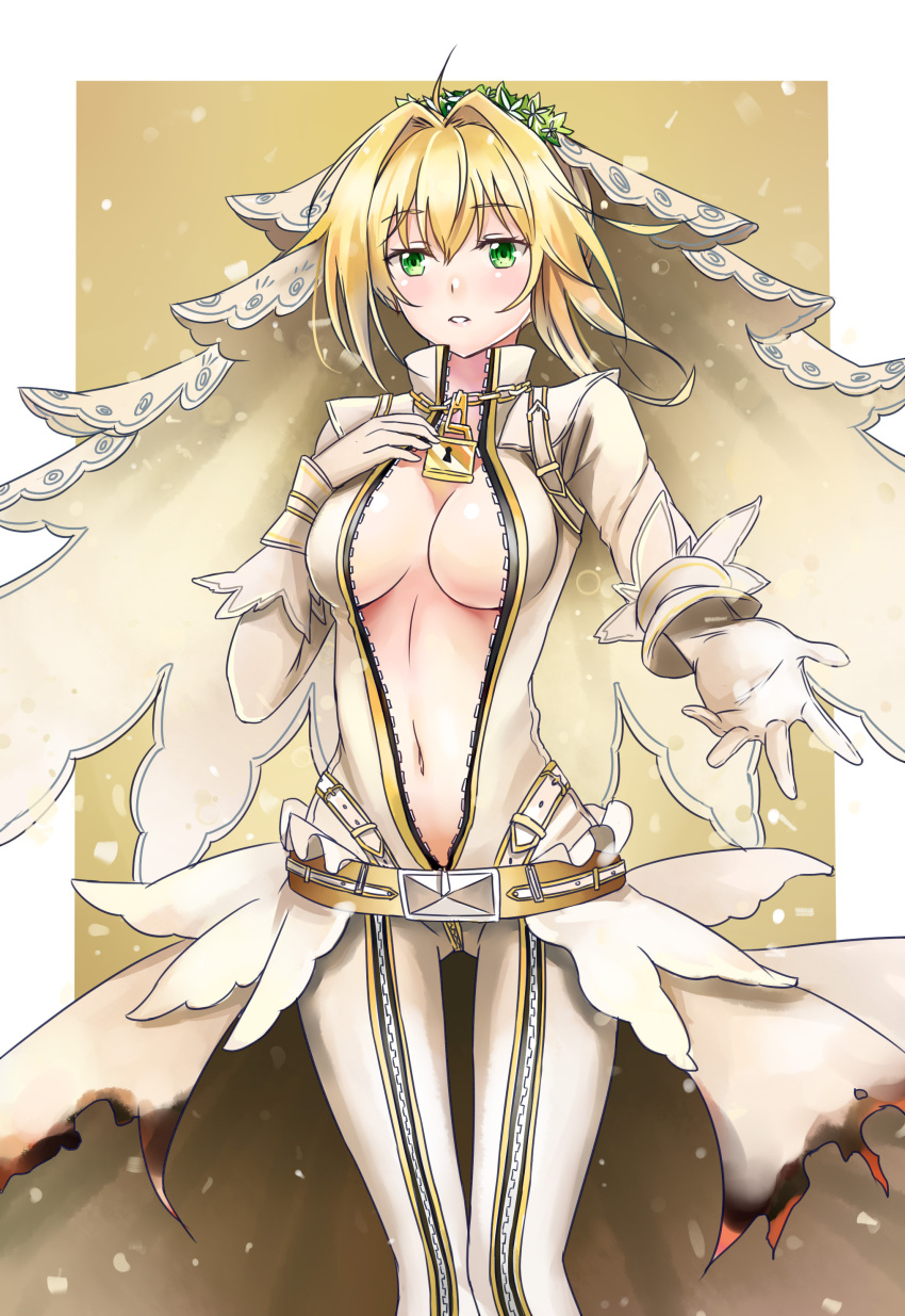 1girl absurdres blonde_hair bodysuit breasts cleavage eyebrows_visible_through_hair fate/extra fate/extra_ccc fate_(series) green_eyes hair_between_eyes highres jeffrey10 medium_breasts outstretched_arm partially_unzipped saber_bride saber_extra solo standing