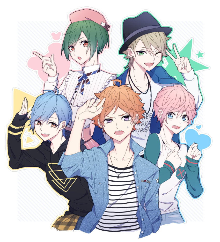 5boys a3! beret blue_eyes blue_hair green_eyes green_hair hat heart highres hood ikaruga_misumi jacket jewelry miyoshi_kazunari mole mole_under_eye multiple_boys necklace open_clothes open_jacket orange_eyes orange_hair patterned_background pink_hair rurikawa_yuki sakisaka_muku salute shirt star striped striped_shirt sumeragi_tenma triangle upper_body