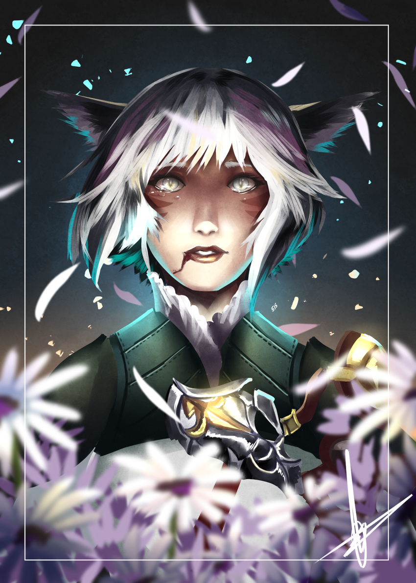 1girl animal_ears blood blood_from_mouth blurry_foreground cat_ears facial_hair final_fantasy final_fantasy_xiv flower hannah_santos highres lipstick makeup miqo'te parted_lips petals short_hair signature spoilers tears white_hair y'shtola