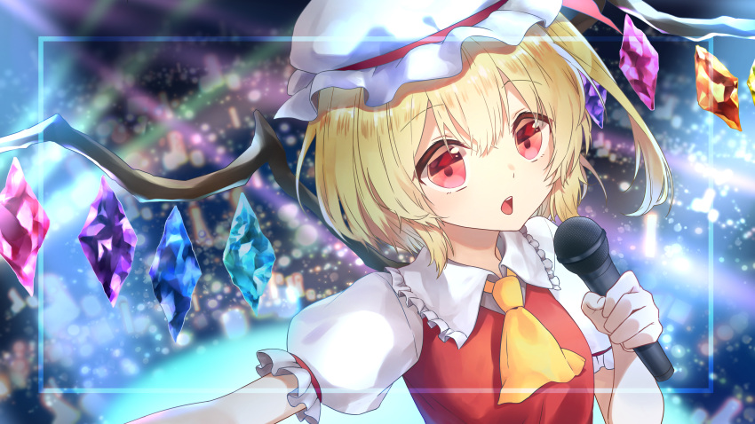 1girl :o absurdres blonde_hair blurry blurry_background collared_shirt commentary crystal dot_nose flandre_scarlet gem gintama_10102 hair_between_eyes highres holding holding_microphone microphone open_mouth puffy_short_sleeves puffy_sleeves red_eyes shirt short_hair short_sleeves solo sparkle symbol-only_commentary teeth touhou upper_body upper_teeth white_sleeves wings
