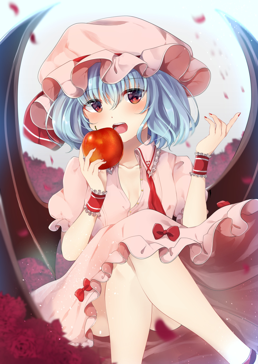 1girl absurdres apple bare_legs bat_wings blue_hair blush bow fangs flower food fruit hair_between_eyes hat hat_ribbon highres holding holding_fruit legs_crossed looking_at_viewer miri_(miri0xl) mob_cap nail_polish open_mouth petals pink_hat pink_skirt red_bow red_eyes red_nails red_ribbon red_rose remilia_scarlet ribbon rose rose_petals short_hair skirt solo tongue touhou unbuttoned wing_collar wings wrist_cuffs