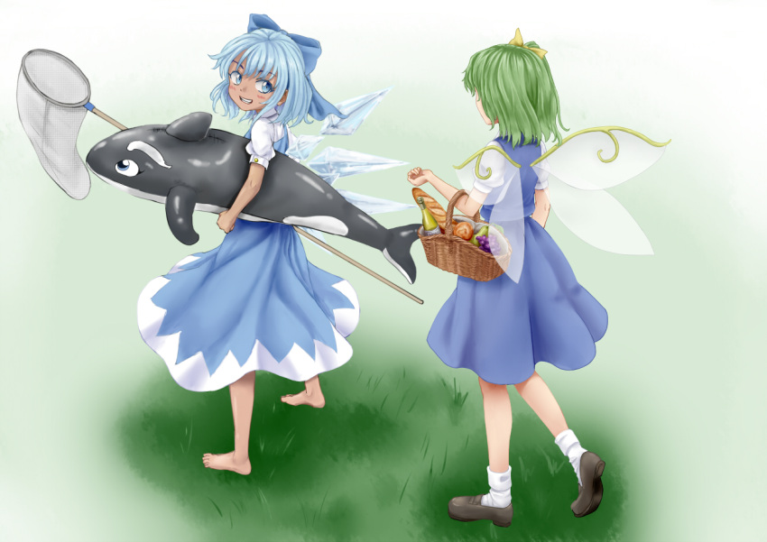 2girls apple baguette barefoot blue_dress blue_eyes blue_hair blush bottle bow bread butterfly_net cirno clenched_hand daiyousei dress fairy_wings food from_behind fruit full_body fuwatoro_(enemy-of-society) gradient gradient_background grapes grass green_hair grey_background grin hair_bow hair_ribbon hand_net inflatable_orca inflatable_toy loafers looking_at_another looking_back multiple_girls pear picnic_basket puffy_short_sleeves puffy_sleeves ribbon shoes short_hair short_sleeves side_ponytail simple_background smile socks standing tan tanned_cirno touhou walking white_legwear wine_bottle wings