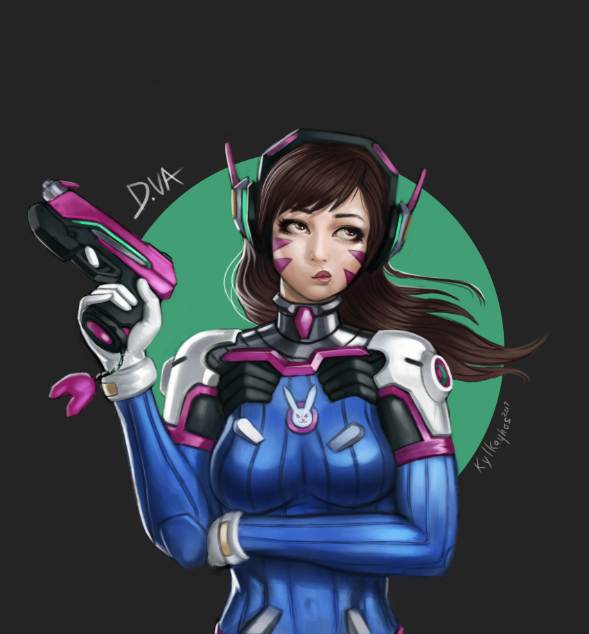 1girl absurdres animal_print artist_name asian bangs blue_bodysuit bodysuit breast_hold breasts brown_eyes brown_hair bunny_print character_name charm_(object) circle d.va_(overwatch) dated eyelashes facepaint facial_mark facing_viewer finger_on_trigger gloves grey_background gun handgun headphones high_collar highres holding holding_gun holding_weapon kylekayhos lips long_hair looking_away looking_to_the_side looking_up medium_breasts nose overwatch pilot_suit pink_lips pistol pose puckered_lips ribbed_bodysuit shoulder_pads signature skin_tight snicker solo swept_bangs upper_body weapon whisker_markings white_gloves wind