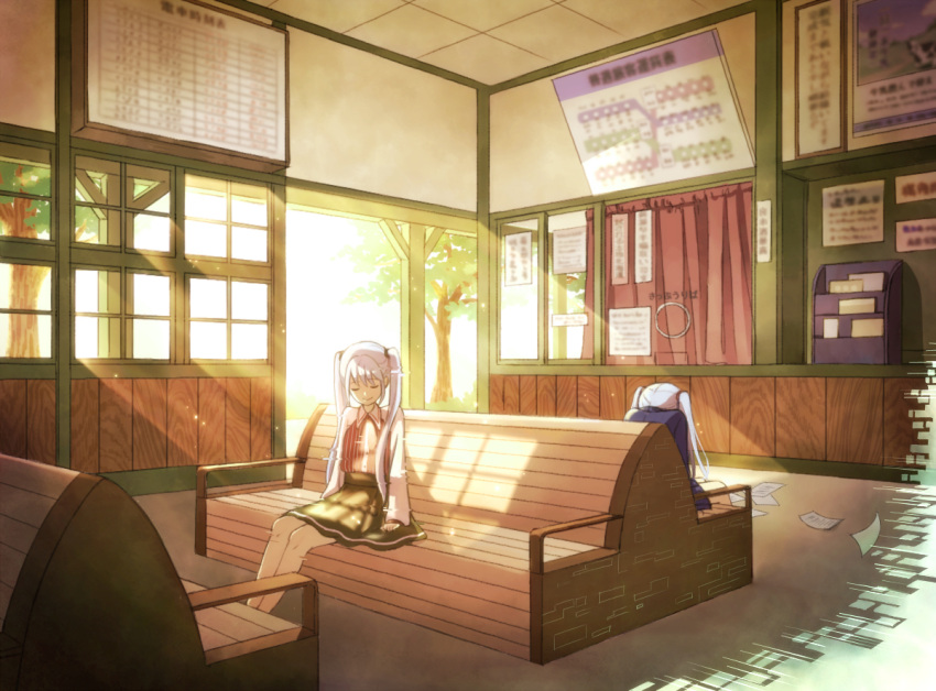 2girls bangs bench blue_hair blue_shirt blue_skirt closed_eyes closed_mouth commentary_request curtains day eyebrows_visible_through_hair facing_away fujino_iro green_skirt hatsune_miku indoors long_hair long_sleeves multiple_girls paper pink_shirt shirt sign sitting skirt smile sunlight train_station tree twintails vocaloid window