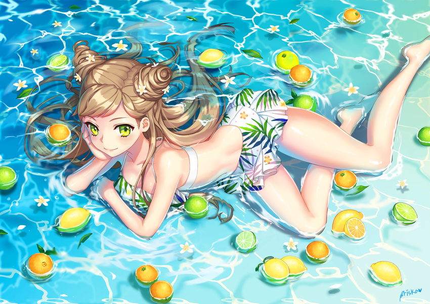 1girl artist_name bangs bare_legs barefoot bikini blush briska brown_hair closed_mouth collarbone food fruit green_eyes hand_on_own_cheek legs lemon lime_(fruit) long_hair looking_at_viewer lying navel ocean on_side orange original partially_submerged ringlets sidelocks signature smile solo swept_bangs swimsuit thighs white_bikini