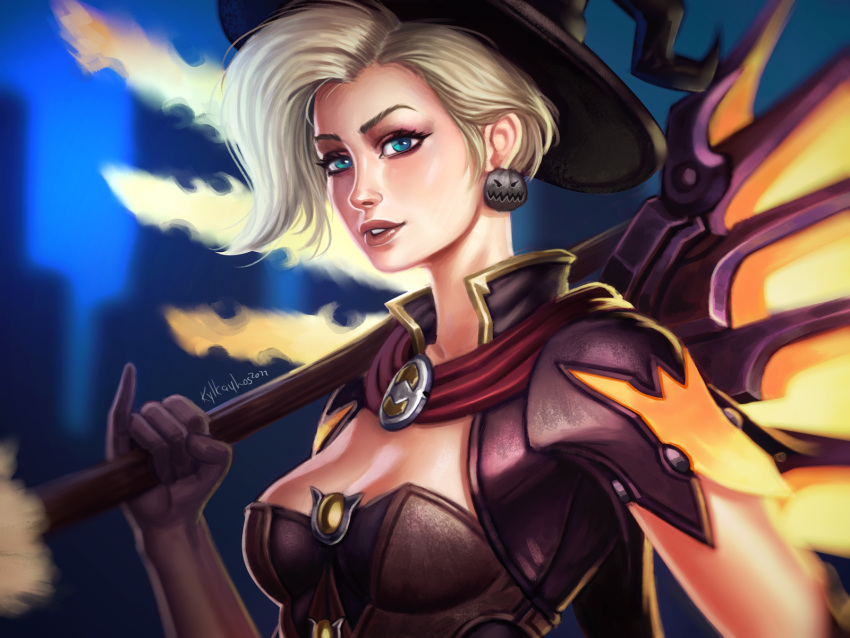 1girl alternate_costume artist_name backlighting blonde_hair blue_eyes bodice breasts brown_gloves capelet cleavage dated earrings elbow_gloves gloves halloween halloween_costume hat highres holding holding_staff jack-o'-lantern jack-o'-lantern_earrings jewelry kylekayhos lips looking_at_viewer mechanical_wings medium_breasts mercy_(overwatch) night nose outdoors overwatch parted_lips pink_lips pinky_out portrait short_hair short_sleeves signature smile solo spread_wings staff wings witch witch_hat witch_mercy yellow_wings
