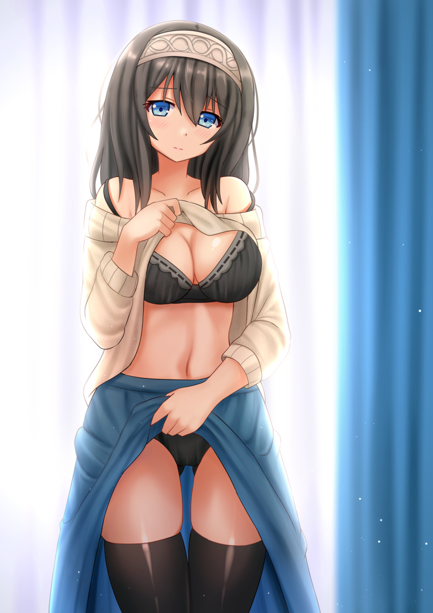 1girl bangs bare_shoulders black_bra black_hair black_legwear black_panties blue_eyes blue_skirt blush bra breasts cleavage clothes_lift clothes_pull cowboy_shot curtains eyebrows_visible_through_hair gluteal_fold hairband head_tilt highres idolmaster idolmaster_cinderella_girls impossible_clothes impossible_sweater kazenokaze long_hair long_skirt looking_at_viewer navel off-shoulder_sweater panties ribbed_sweater ribbon_trim sagisawa_fumika shawl skirt skirt_lift solo standing sweater sweater_lift thigh-highs thigh_gap underwear