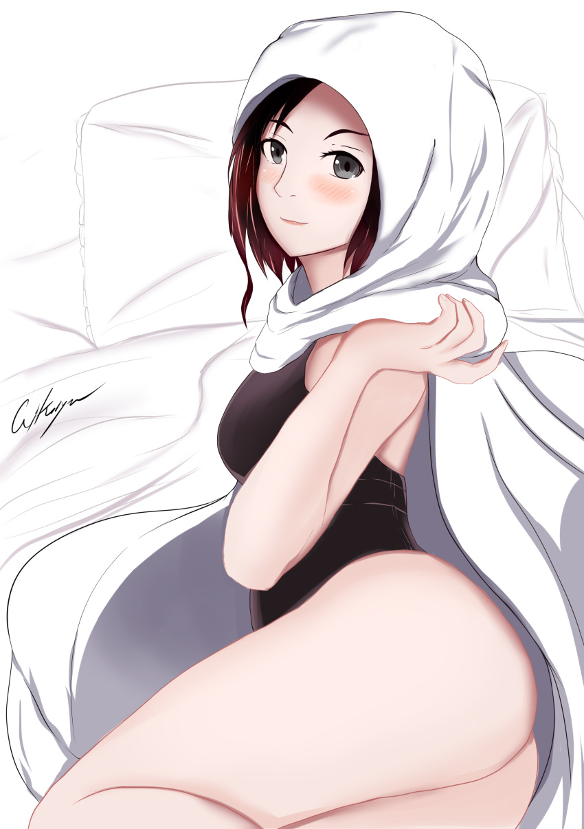 1girl absurdres aikiyun artist_name ass blush brown_hair capelet grey_eyes highres hood leotard looking_at_viewer lying on_side rwby signature smile solo summer_rose thighs white_background white_hood