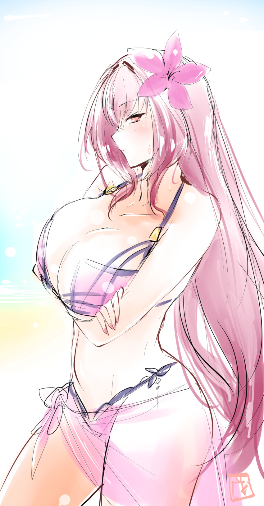 1girl absurdres bikini fate/grand_order fate_(series) flower hair_flower hair_ornament heart heart-shaped_pupils highres long_hair purple_bikini purple_hair scathach_(fate/grand_order) scathach_(swimsuit_assassin)_(fate) slept_(re_mix) solo swimsuit symbol-shaped_pupils violet_eyes