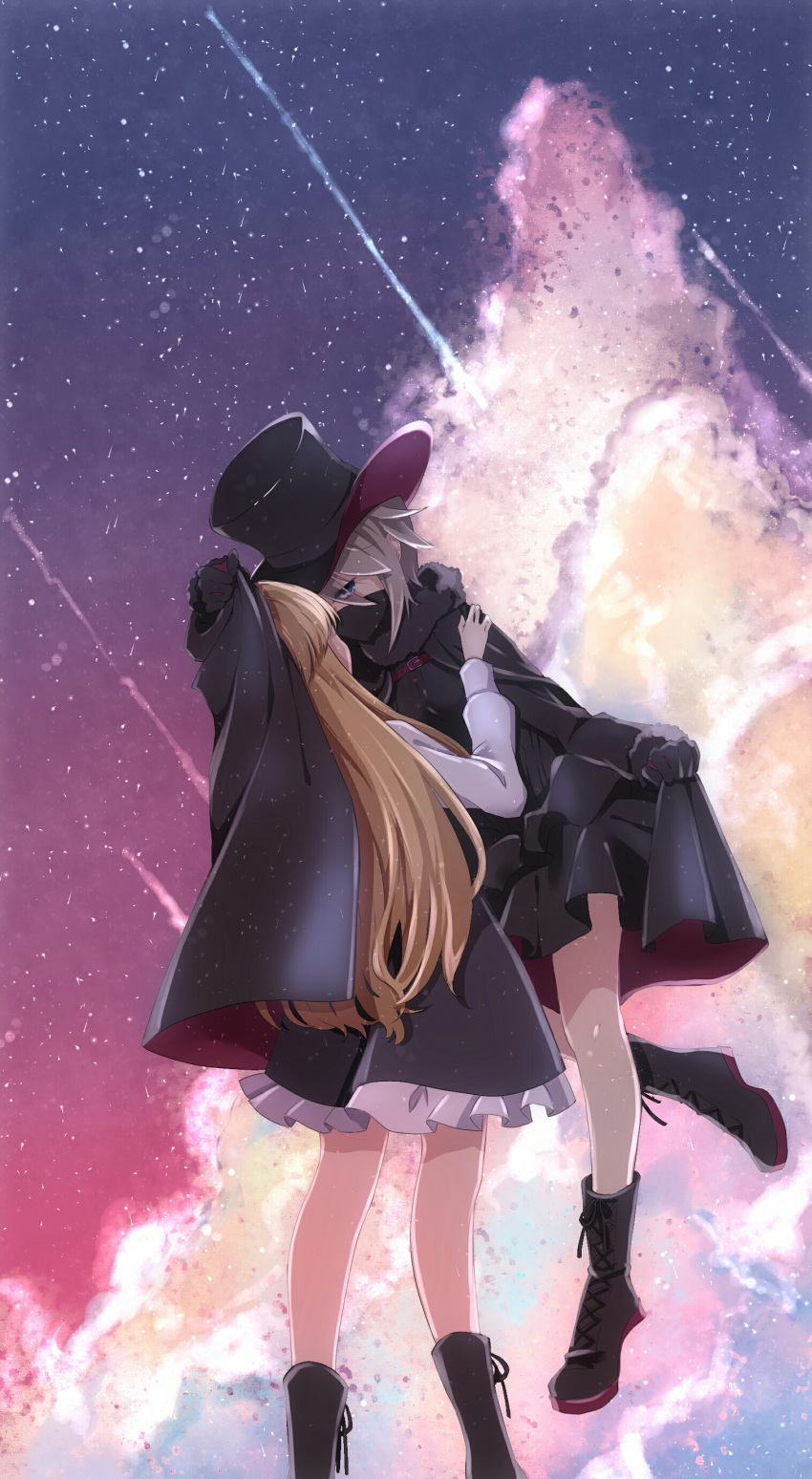 2girls absurdres ange_(princess_principal) blonde_hair cape couple covering flying grey_hair highres imminent_kiss lin_xiao_miao long_hair mask multiple_girls princess_(princess_principal) princess_principal short_hair yuri