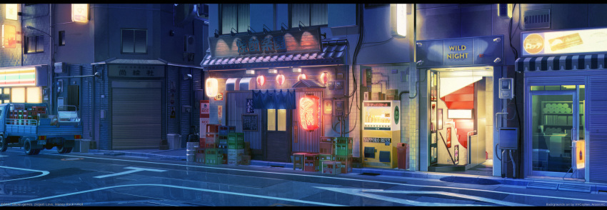 3d absurdres arsenixc background car city commentary crate door ground_vehicle highres motor_vehicle night no_humans original outdoors road scenery shop sign street vending_machine visual_novel vvcephei