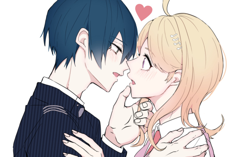 1boy 1girl akamatsu_kaede black_hair blonde_hair blush couple dangan_ronpa eye_contact finger_to_another's_chin hand_on_another's_shoulder heart imminent_kiss long_hair looking_at_another musical_note musical_note_hair_ornament necktie new_dangan_ronpa_v3 parted_lips quaver saihara_shuuichi school_uniform simple_background sweater_vest violet_eyes