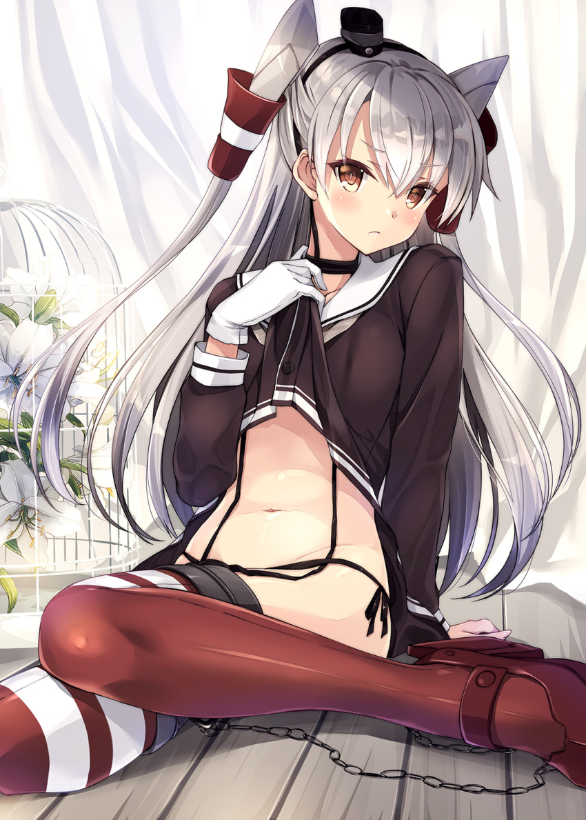 1girl amatsukaze_(kantai_collection) black_panties black_shirt chains choker commentary_request curtains dress dress_lift gloves hair_tubes hat high_heels highres kantai_collection kobayashi_chisato lifted_by_self long_hair long_sleeves looking_at_viewer mini_hat navel on_floor orange_eyes panties red_legwear rudder_shoes sailor_collar sailor_dress shirt short_dress side-tie_panties silver_hair sitting solo stomach striped striped_legwear thigh-highs underwear very_long_hair white_flower white_gloves wooden_floor