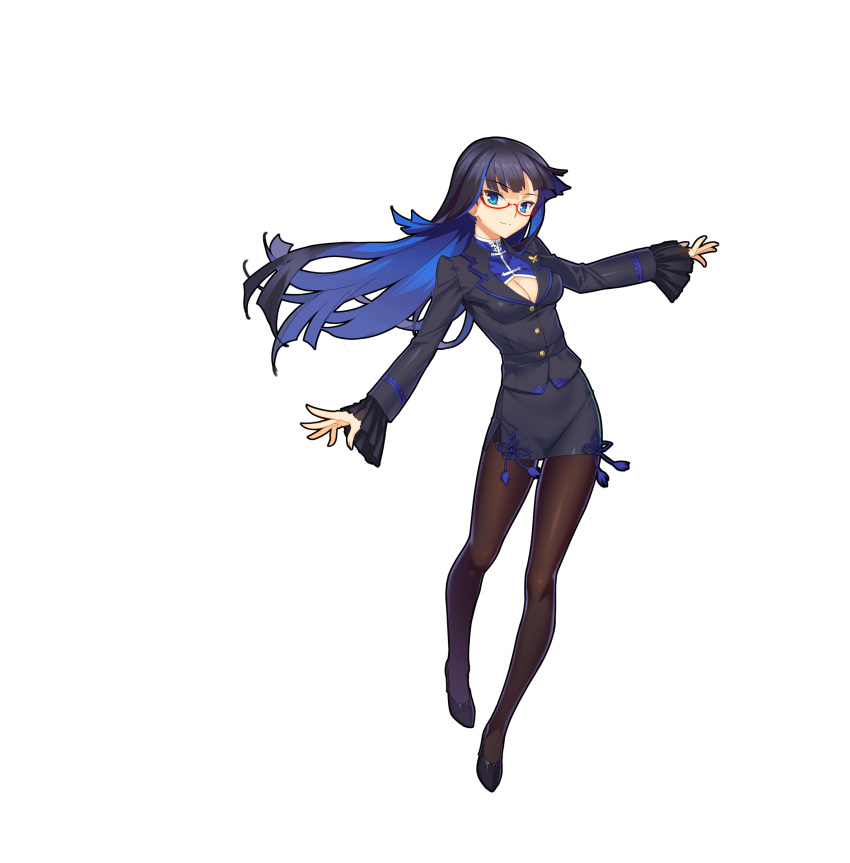 1girl absurdres aqua_eyes bangs black_shirt black_shoes blue_hair blunt_bangs breasts brown_legwear buttons cleavage_cutout closed_mouth eyebrows_visible_through_hair full_body glasses highres long_hair long_sleeves medium_breasts miniskirt nie_xiaoqian official_art outstretched_arms pantyhose pencil_skirt red_glasses sangai_senki semi-rimless_glasses shirt shoes simple_background skirt smile solo spread_arms under-rim_glasses white_background yangsion