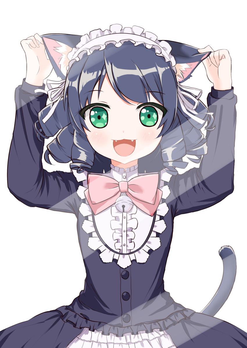 +_+ 1girl :3 :d absurdres animal_ears arms_up bangs bell black_dress black_hair blush bow cat_ears cat_girl cat_tail collar curly_hair cyan_(show_by_rock!!) dress ear_grab eyebrows_visible_through_hair frilled_collar frilled_dress frills green_eyes hairband highres jingle_bell lolita_hairband long_hair long_sleeves looking_at_viewer open_mouth pink_bow ribbon show_by_rock!! simple_background smile solo sunlight tail tareme upper_body white_background white_ribbon xiaosamiao