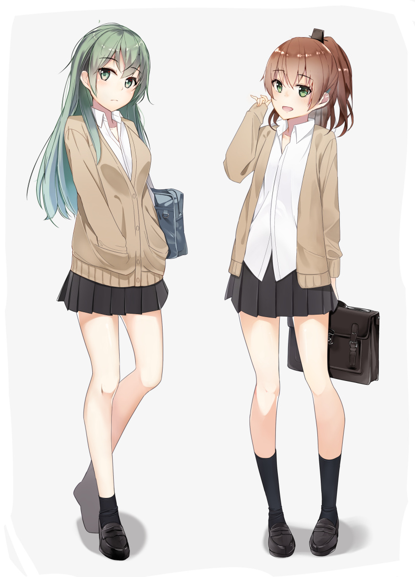 2girls :d absurdres alternate_costume bag black_legwear black_shoes black_skirt brown_hair brown_sweater green_eyes green_hair hair_between_eyes highres kantai_collection kumano_(kantai_collection) long_hair long_sleeves multiple_girls open_mouth pleated_skirt ponytail school_uniform shirt shoes skirt smile socks suzuya_(kantai_collection) unajuu_(set_mk) white_shirt