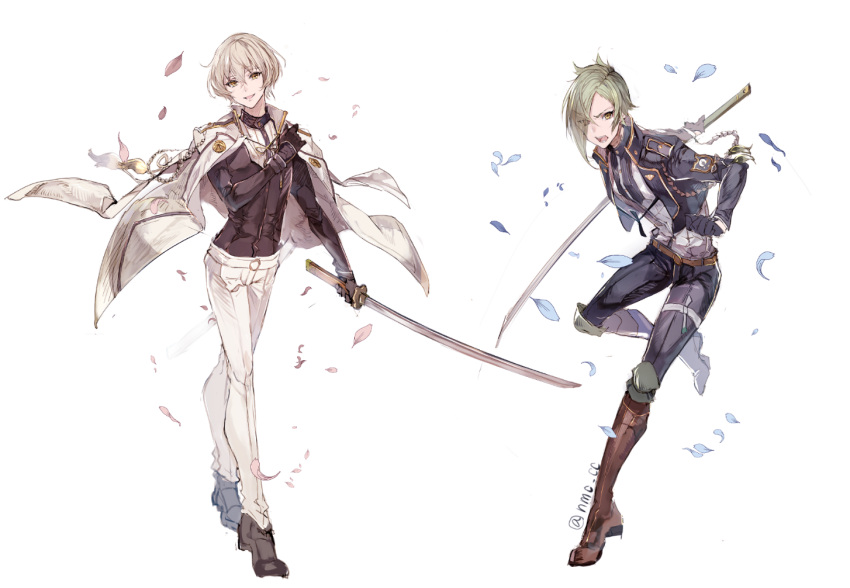 2boys black_gloves black_pants blonde_hair boots cherry_blossoms eyes_visible_through_hair fangs gloves granblue_fantasy granblue_fantasy_(style) green_hair hair_over_one_eye higekiri_(touken_ranbu) hizamaru_(touken_ranbu) jacket jacket_on_shoulders male_focus multiple_boys official_style open_mouth pants parody petals short_hair smile style_parody sword touken_ranbu twitter_username weapon white_pants yellow_eyes