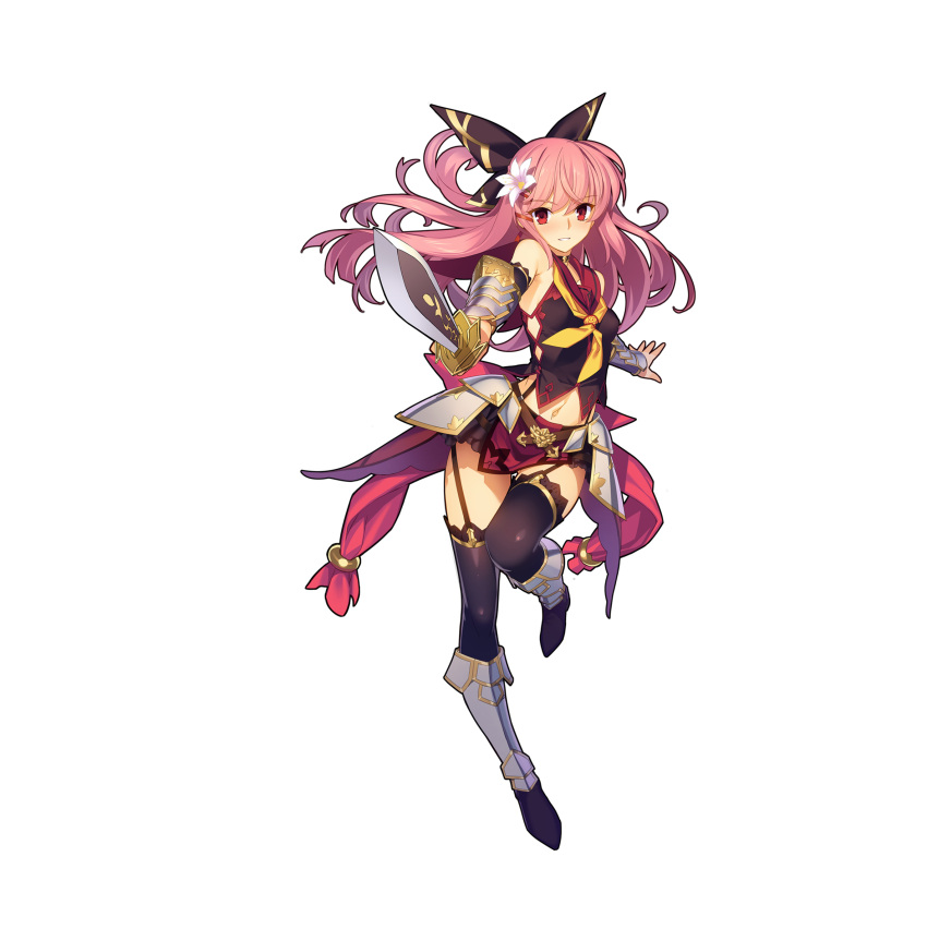 1girl absurdres bangs bare_shoulders black_bow black_legwear black_shirt blush boots bow eyebrows_visible_through_hair flower hair_bow hair_flower hair_ornament highres holding holding_sword holding_weapon long_hair looking_at_viewer midriff_peek navel neckerchief official_art parted_lips pink_hair red_eyes sangai_senki shirt simple_background smile solo standing standing_on_one_leg sword thigh-highs thighhighs_under_boots vambraces weapon white_background yangsion yellow_neckerchief