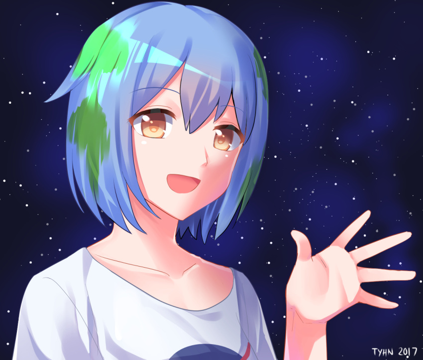 1girl 2017 artist_name blue_hair borrowed_character brown_eyes earth earth-chan_(felipecunhaeloi) green_hair looking_at_viewer original personification short_hair sky smile solo star_(sky) starry_sky tsuyohina waving