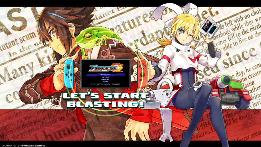 1boy 1girl alien blaster_master_zero blonde_hair blue_eyes bodysuit crop_top english eve_(blaster_master_zero) fred_(blaster_master_zero) frog grey_eyes ground_vehicle handheld_game_console highres inti_creates jacket jason_frudnick joy-con long_hair looking_at_viewer military military_vehicle motor_vehicle multicolored_hair natsume_yuji nintendo_3ds nintendo_switch official_art one_eye_closed open_clothes open_jacket red_jacket sitting smile sofia_iii streaked_hair tank turtleneck wallpaper