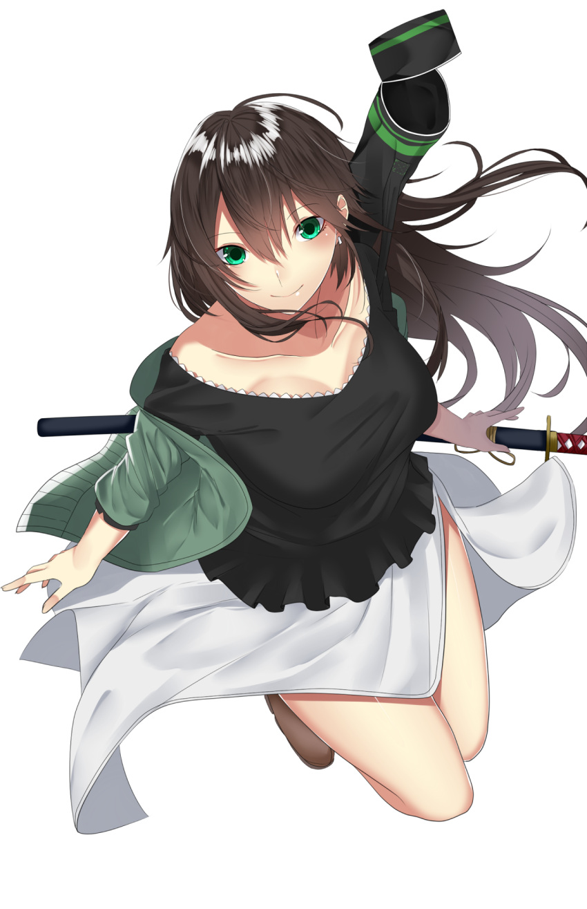 1girl bangs black_shirt breasts brown_hair brown_shoes casual closed_mouth collarbone commentary_request ear_piercing eyebrows_visible_through_hair fingernails full_body green_eyes green_jacket hair_between_eyes highres holding holding_sword holding_weapon jacket katana legs_together long_fingernails long_hair long_sleeves looking_at_viewer medium_breasts off_shoulder onineko-chan open_clothes open_jacket original piercing scabbard sharp_fingernails sheath sheathed shirt shoes side_slit simple_background skirt sleeves_past_elbows smile solo sword very_long_hair weapon weapon_bag white_background white_skirt