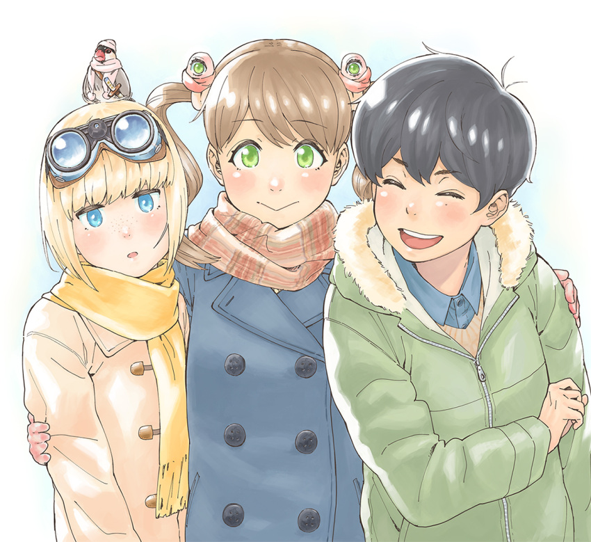 3girls :&gt; :d alien animal animal_on_head bangs bird black_hair blonde_hair blue_coat blue_eyes blunt_bangs blush brown_hair checkered_scarf closed_mouth clothed_animal coat extra_eyes eyebrows_visible_through_hair fur_trim goggles goggles_on_head green_coat green_eyes hair_between_eyes itsumo_tonari_ni_uchuubito java_sparrow katana long_sleeves looking_at_viewer mole mole_under_eye multiple_girls official_art on_head open_mouth parted_lips pink_coat scarf sheath sheathed short_hair smile swept_bangs sword tamaru_tokihiko tomboy twintails upper_body weapon yellow_scarf zipper